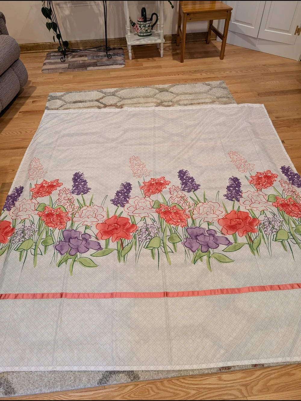 Floral Garden Printed Shower Curtain  White with Coral & Purple Flowers